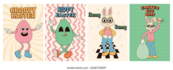 Groovy hippie Happy Easter posters. Easter eggs, bunny. Vector card in trendy retro 60s 70s cartoon style.