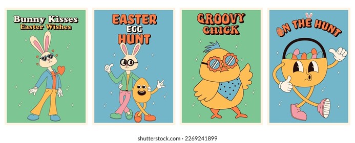 Groovy hippie Happy Easter posters. Easter eggs, bunny, chicks. Vector card in trendy retro 60s 70s cartoon style.
