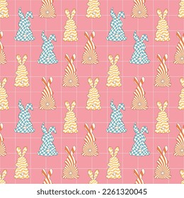 Groovy hippie Happy Easter seamless pattern. Easter backgrounds in trendy retro 60s 70s cartoon style.