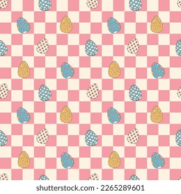 Groovy hippie Happy Easter seamless pattern. Easter eggs on a chess background. Easter backgrounds in trendy retro 60s 70s cartoon style.