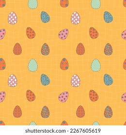 Groovy hippie Happy Easter seamless pattern. Easter backgrounds in trendy retro 60s 70s cartoon style.