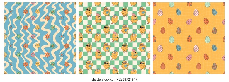 Groovy hippie Happy Easter seamless pattern set. Easter backgrounds in trendy retro 60s 70s cartoon style.