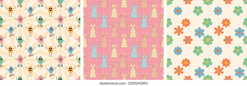 Groovy hippie Happy Easter seamless pattern set. Easter backgrounds in trendy retro 60s 70s cartoon style.