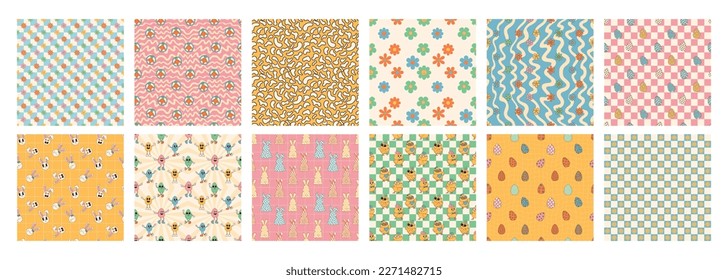 Groovy hippie Happy Easter seamless pattern set. Easter backgrounds in trendy retro 60s 70s cartoon style.