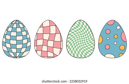 Groovy hippie Happy Easter. Set of Easter eggs with patterns in trendy retro 60s 70s style.