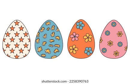 Groovy hippie Happy Easter. Set of Easter eggs with patterns in trendy retro 60s 70s style.