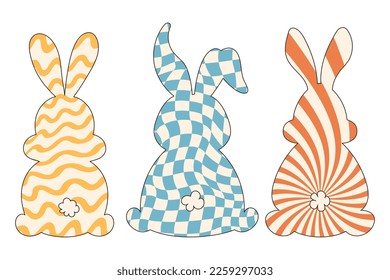 Groovy hippie Happy Easter. Set of Easter bunnies with patterns in trendy retro 60s 70s cartoon style.