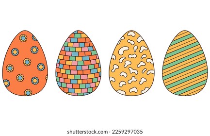 Groovy hippie Happy Easter. Set of Easter eggs with patterns in trendy retro 60s 70s style.