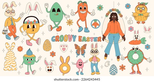 Groovy hippie Happy Easter set. Conejo de Pascua, huevos, mariposas, quequitos, pollos. Conjunto de personajes de caricatura y elementos en el moderno estilo de dibujos animados retro de los años 70.