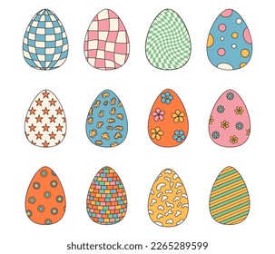 Groovy hippie Happy Easter. Set of Easter eggs with patterns in trendy retro 60s 70s style.