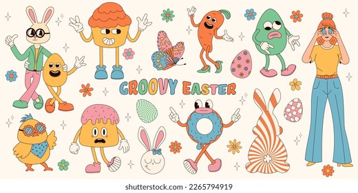 Groovy hippie Happy Easter set. Easter bunny, eggs, butterflies, cupcakes, chickens. Set of cartoon characters and elements in trendy retro 60s 70s cartoon style.