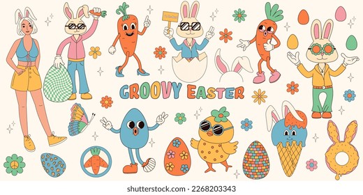 Groovy hippie Happy Easter set. Conejo de Pascua, huevos, mariposas, quequitos, pollos. Conjunto de personajes de caricatura y elementos en el moderno estilo de dibujos animados retro de los años 70.