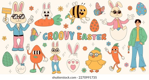 Groovy hippie Happy Easter set. Easter bunny, eggs, butterflies, cupcakes, chickens. Set of cartoon characters and elements in trendy retro 60s 70s cartoon style.