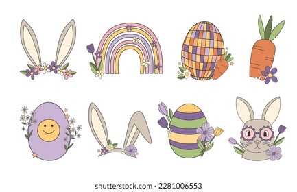 Groovy hippie Happy Easter set. Easter bunny, eggs, bunny ears, carrot. Set of cartoon characters and elements in trendy retro 60s 70s cartoon style.