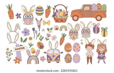 Groovy hippie Happy Easter. Set of Easter bunnies in trendy retro 60s 70s cartoon style. Track, girl, boy, basket, eggs, bunny ears, carrot, disco groovy ball, rainbow