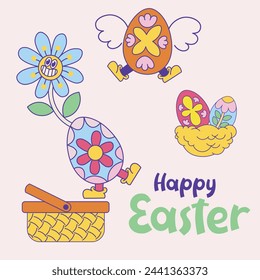 Groovy hippie Happy Easter set. Easter bunny, eggs, flowers. Set of cartoon characters and elements in trendy retro 60s 70s cartoon style.