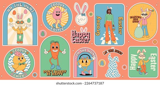 Groovy hippie Happy Easter stickers. Easter bunny, eggs, flower, chickens. Sticker pack of cartoon characters and elements in trendy retro 60s 70s cartoon style.