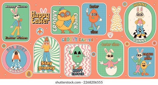 Pegatinas de Groovy Hippie Happy Easter. Conejo de Pascua, huevos, flores, pollos. Paquete de stickers de personajes de caricatura y elementos en el moderno estilo de dibujos animados retro de los años 70.