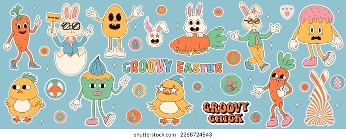  Groovy hippie Happy Easter stickers. Easter bunny, eggs, flower, chickens. Sticker pack of cartoon characters and elements in trendy retro 60s 70s cartoon style.