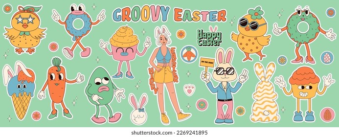 Groovy hippie Happy Easter stickers. Easter bunny, eggs, flower, chickens. Sticker pack of cartoon characters and elements in trendy retro 60s 70s cartoon style.