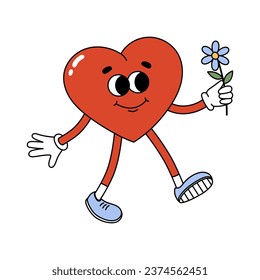 Groovy hippie heart character with flower. Cartoon character in trendy retro style for Valentines day design. Love concept. Isolated vector illustration