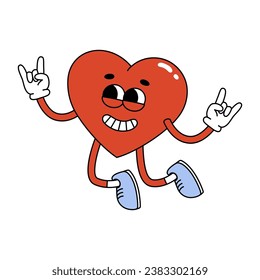 Groovy hippie heart character jumping. Cartoon character in trendy retro style for Valentines day design. Love concept. Isolated vector illustration