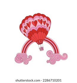 Groovy hippie heart shaped hot air balloon in the sky with rainbow. Valentines day design. Vector illustration isolated on white