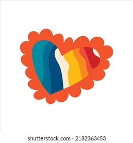 Groovy hippie heart, vintage vector illustration. Funk and groove isolated elements on a white background. Print of the 60-70s, naive children's style, doodle style