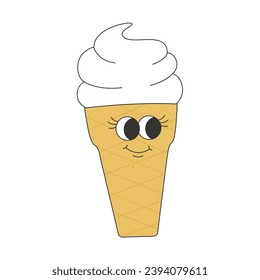 Groovy hippie ice cream character. Cartoon cute dessert in trendy retro style. Isolated vector illustration