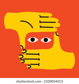 Groovy hippie illustration of colorful hands with gesture with eyes. Hands with eyes ,heart, together hands and etc. Hand drawn vector illustration.