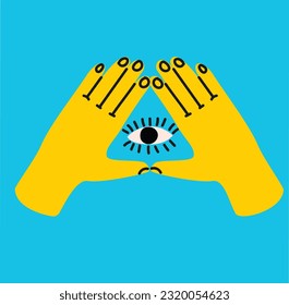 Groovy hippie illustration of colorful hands with gesture with eyes. Hands with eyes ,heart, together hands and etc. Hand drawn vector illustration.