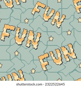 Groovy hippie lettering, word Fun. Vector seamless funny retro pattern.