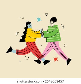 Groovy hippie love best friends characters. Comic happy girls, best friends in trendy retro 60s 70s cartoon style. Vintage isolated vector illustration.