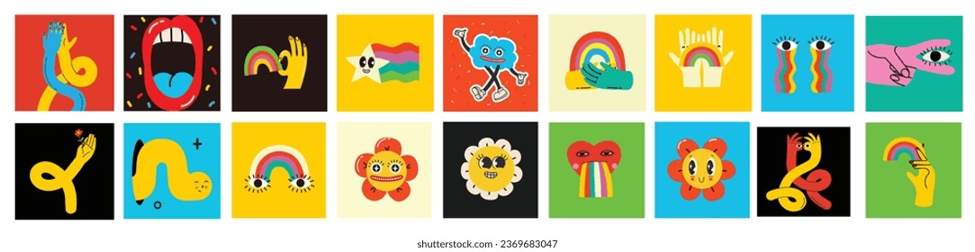 Groovy hippie love card set. Comic happy retro faces, geometric stickers, characters in trendy retro 60s 70s cartoon style. Vintage vector illustrations.