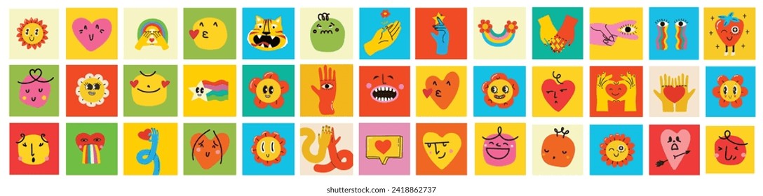 Groovy hippie love card set. Comic happy retro faces, geometric stickers, characters in trendy retro 60s 70s cartoon style. Vintage vector illustrations.