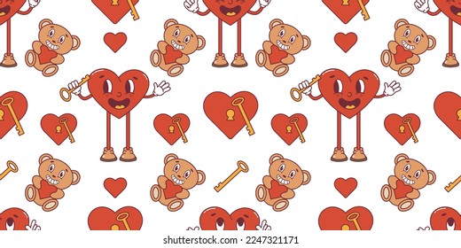 Groovy Hippie Liebesmuster. Retro Frohe Valentinstag. Comic Happy Herzcharakter im trendigen Retro-Stil der 70er Jahre. Retro-Muster, Hintergrund, Verpackung, Tapete.