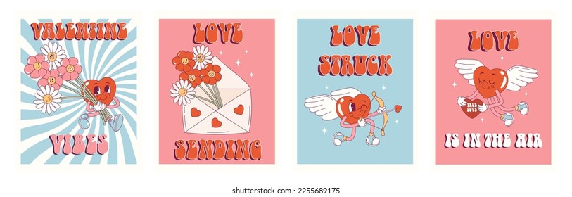 Groovy hippie love posters, cards, postcards set. Retro happy Valentines day. Comic happy heart character in trendy retro 60s 70s cartoon style. Retro characters and elements.