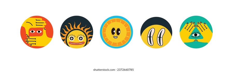 Groovy hippie love round icons set. Comic happy retro faces, geometric stickers, characters in trendy retro 60s 70s cartoon style. Vintage vector illustrations.