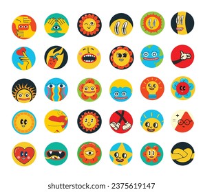 Groovy hippie love round icons set. Comic happy retro faces, geometric stickers, characters in trendy retro 60s 70s cartoon style. Vintage vector illustrations.