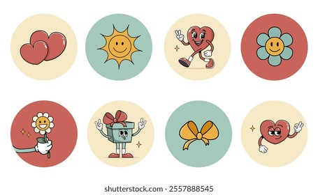 Groovy hippie love round sticker set. Retro happy valentine's day. Comic happy heart character in trendy retro 60s 70s cartoon style. Retro characters and elements.