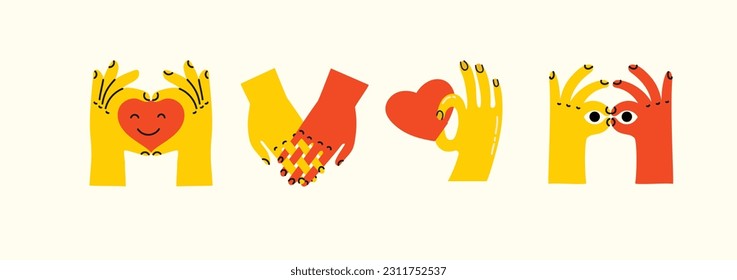 Groovy hippie love set of colorful hands with different gestures. Hands with heart, together hands and etc. Hand drawn vector illustration. Retro happy Valentines day in cartoon style.