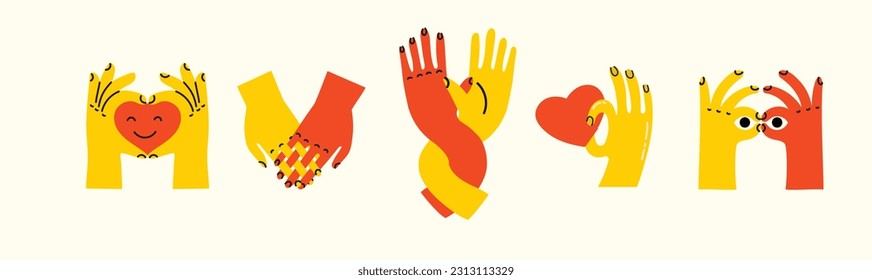 Groovy hippie love set of colorful hands with different gestures. Hands with heart, together hands and etc. Hand drawn vector illustration. Retro happy Valentines day in cartoon style.