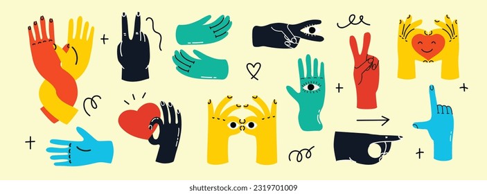 Groovy hippie love set of colorful hands with different gestures. Hands with heart, together hands and etc. Hand drawn vector illustration. Retro happy Valentines day in cartoon style.