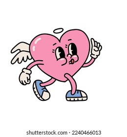 Groovy hippie love sticker character. Comic happy heart character with wings in trendy retro 60s 70s cartoon style. Happy Valentines day concept. Vintage isolated vector illustration.