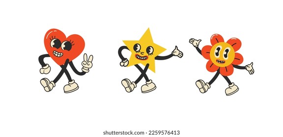 Groovy hippie love sticker character. Comic happy heart, star and flower character with wings in trendy retro 60s 70s cartoon style. Vintage isolated vector illustration.