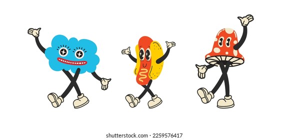 Groovy hippie love sticker character. Comic happy mushroom, hot dog and cloud character with wings in trendy retro 60s 70s cartoon style. Vintage isolated vector illustration.