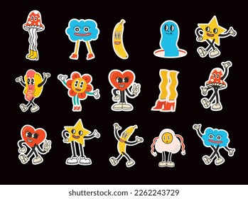 Groovy hippie love sticker character. Comic happy mushroom, hot dog and cloud character in trendy retro 60s 70s cartoon style. Vintage isolated vector illustration.