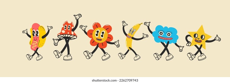 Groovy hippie love sticker character. Comic happy mushroom, hot dog and cloud character with wings in trendy retro 60s 70s cartoon style. Vintage isolated vector illustration.