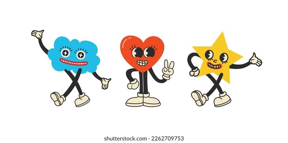 Groovy hippie love sticker character. Comic happy mushroom, hot dog and cloud character with wings in trendy retro 60s 70s cartoon style. Vintage isolated vector illustration.