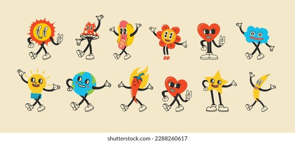 Groovy hippie love sticker character. Comic happy mushroom, hot dog and cloud character with wings in trendy retro 60s 70s cartoon style. Vintage isolated vector illustration.